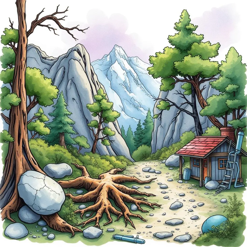 Scenic illustration of a landscape with mountains, trees, and a cabin.