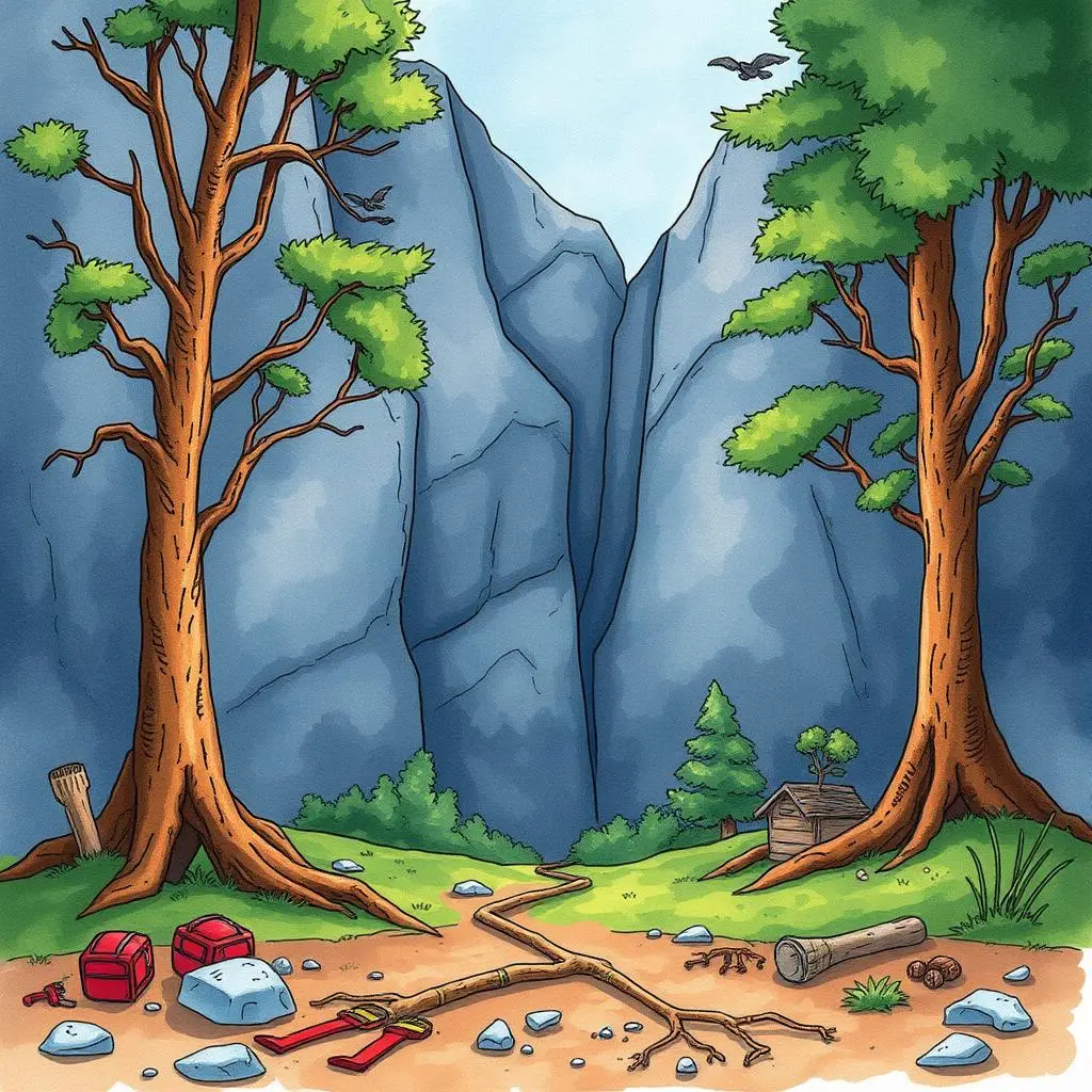 Root cause mapper: Visualize root causes from entered incidents 1 A serene landscape depicting two trees and tools for analysis, symbolizing the Root Cause Mapper tool