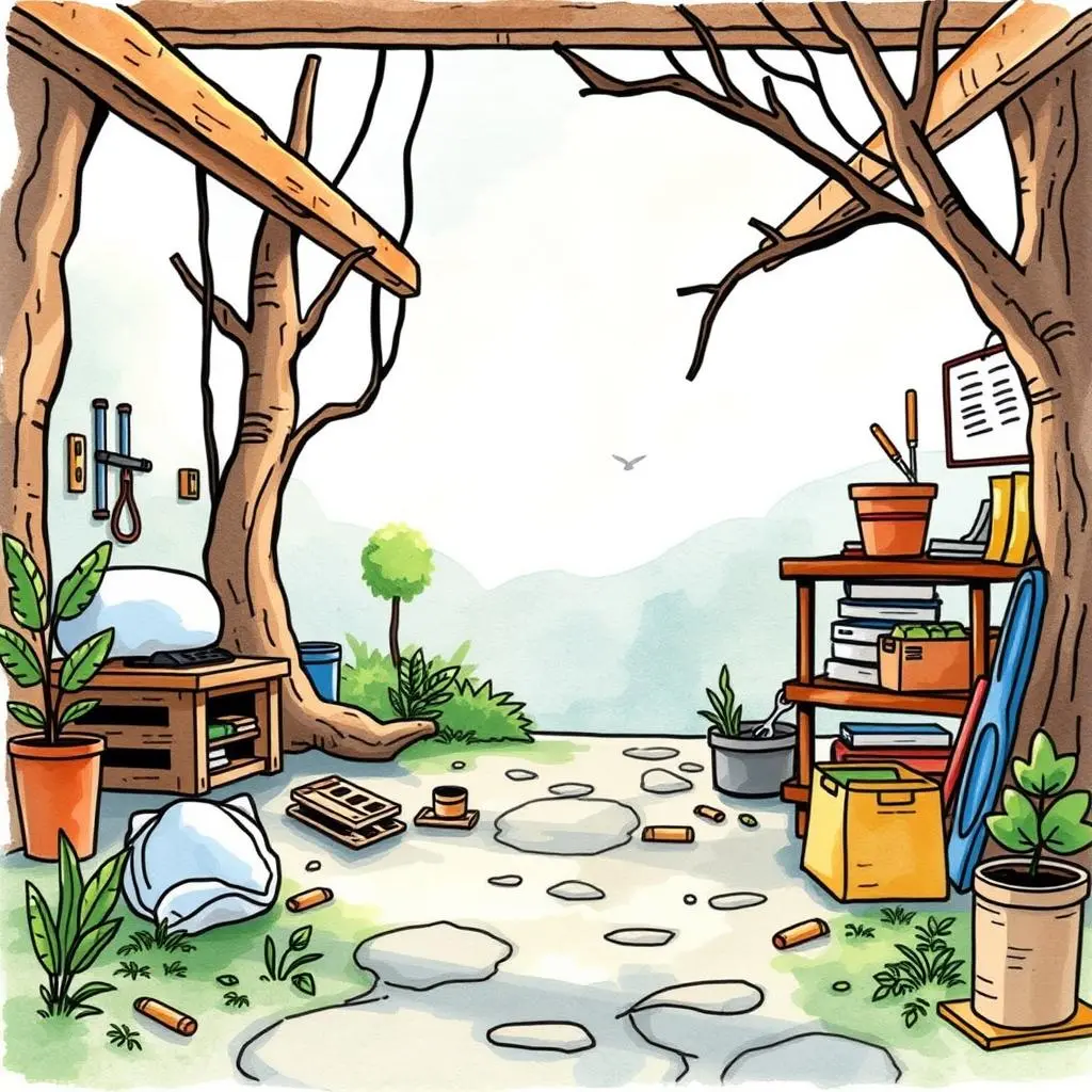 Clear pathway surrounded by plants, tools, and supplies for operations.
