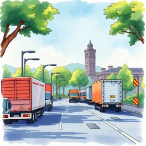Trucks navigating a tree-lined road in a logistics-focused environment for Route Path Analyzer.