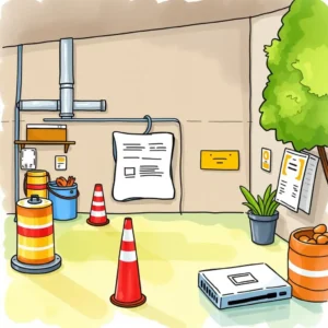 Safety cones and tools in a compliance workspace