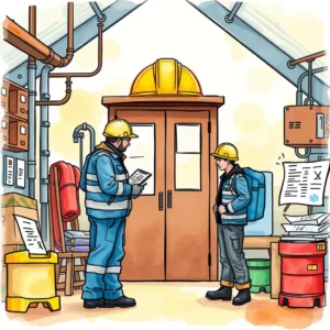Two workers discussing safety reports in a warehouse setting.