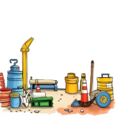 Various construction safety tools and equipment arranged on a worksite, emphasizing safety compliance.