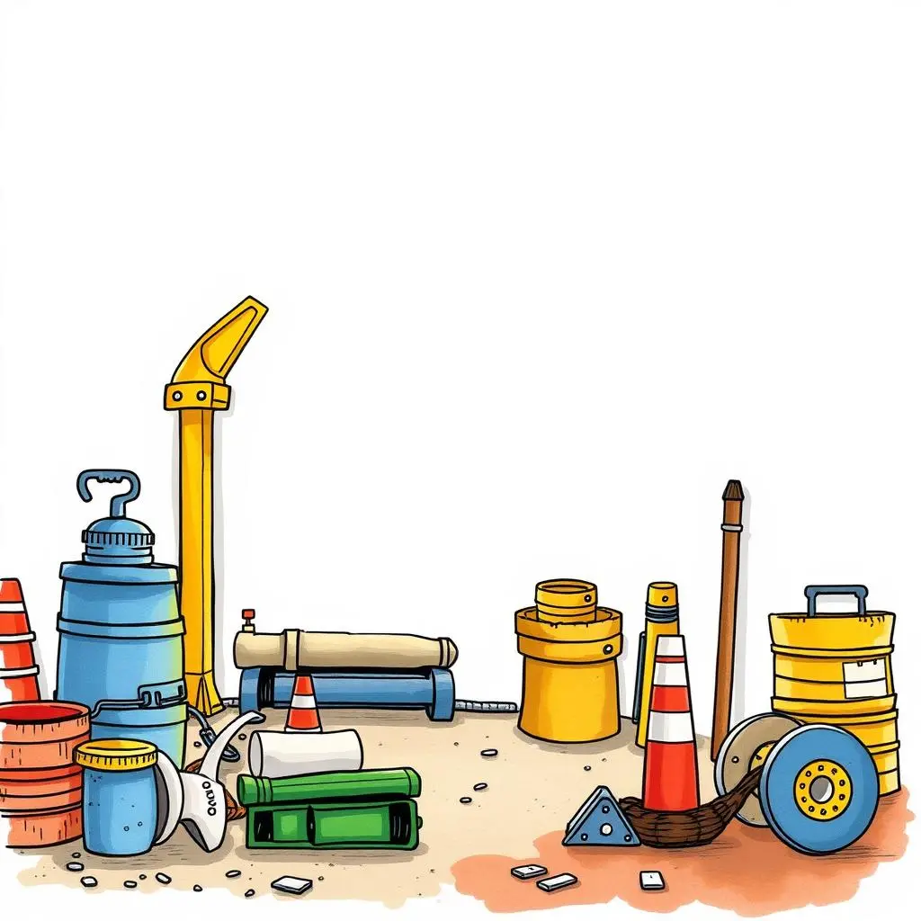 Various construction safety tools and equipment arranged on a worksite, emphasizing safety compliance.