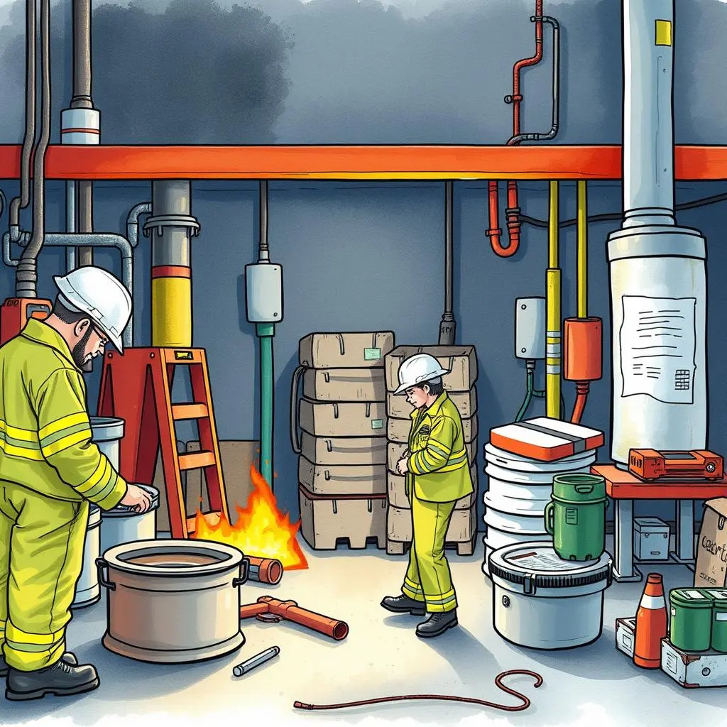 Safety compliance report generator: Generate comprehensive compliance reports 1 A safety compliance auditor and coordinator assessing a potentially hazardous situation in a facility.