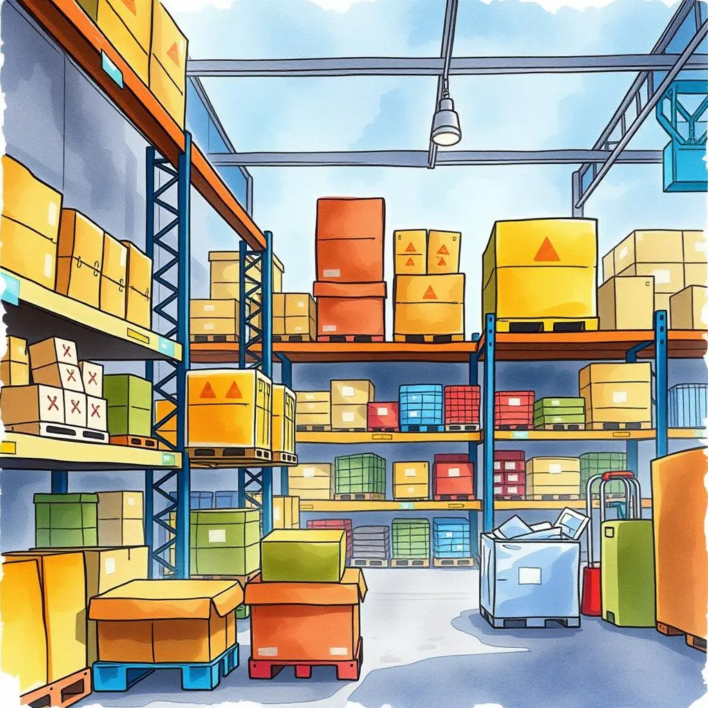 Inventory storage area with organized boxes and pallets for stock management purposes
