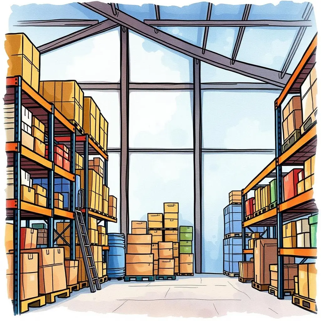 Stock level summary writer: Summarize stock levels and safety stock requirements 1 Stock level management warehouse with shelves of packaged goods and safety stock displays