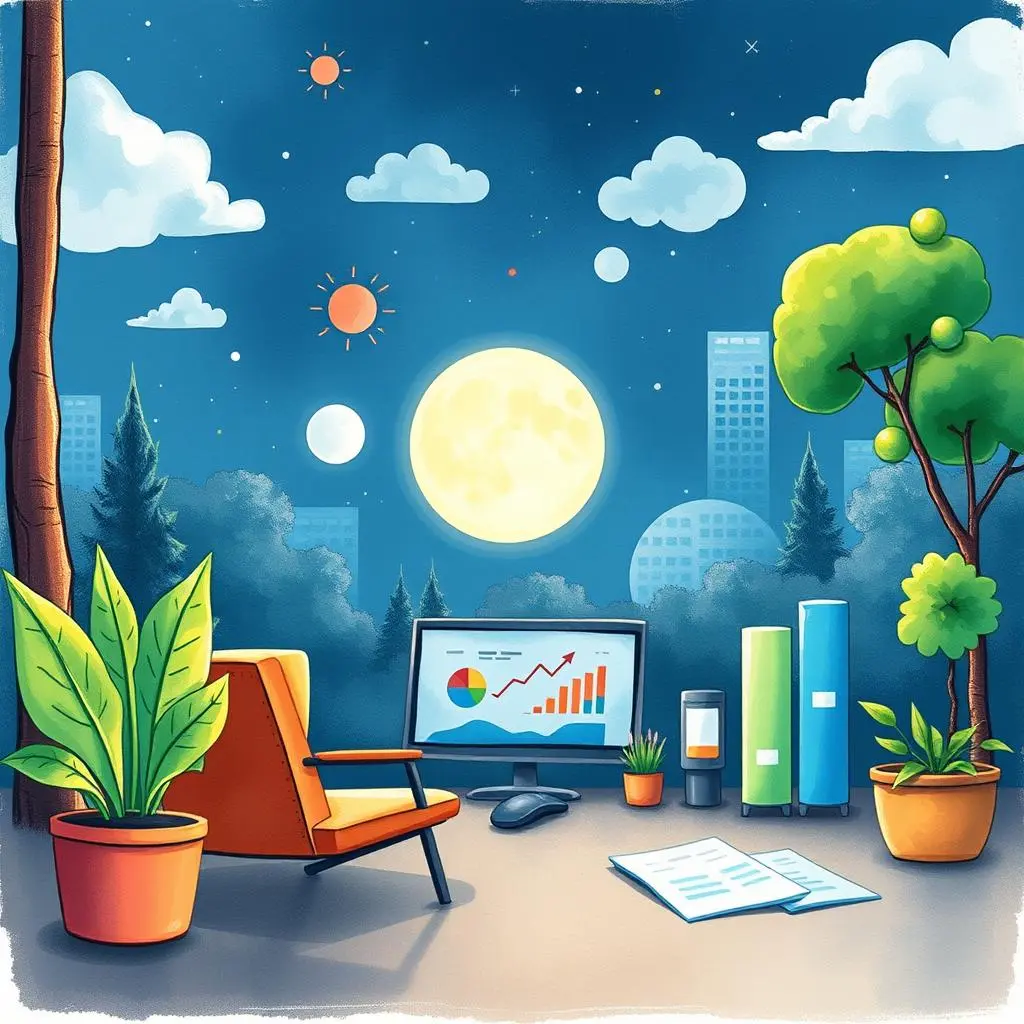 Sales comparison tool: Generate visual comparisons of sales data 1 Vibrant illustration of a workspace with sales data visualizations.