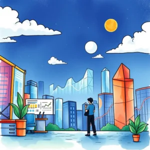 Sales data analyst observing a city skyline with charts, representing sales data storytelling.