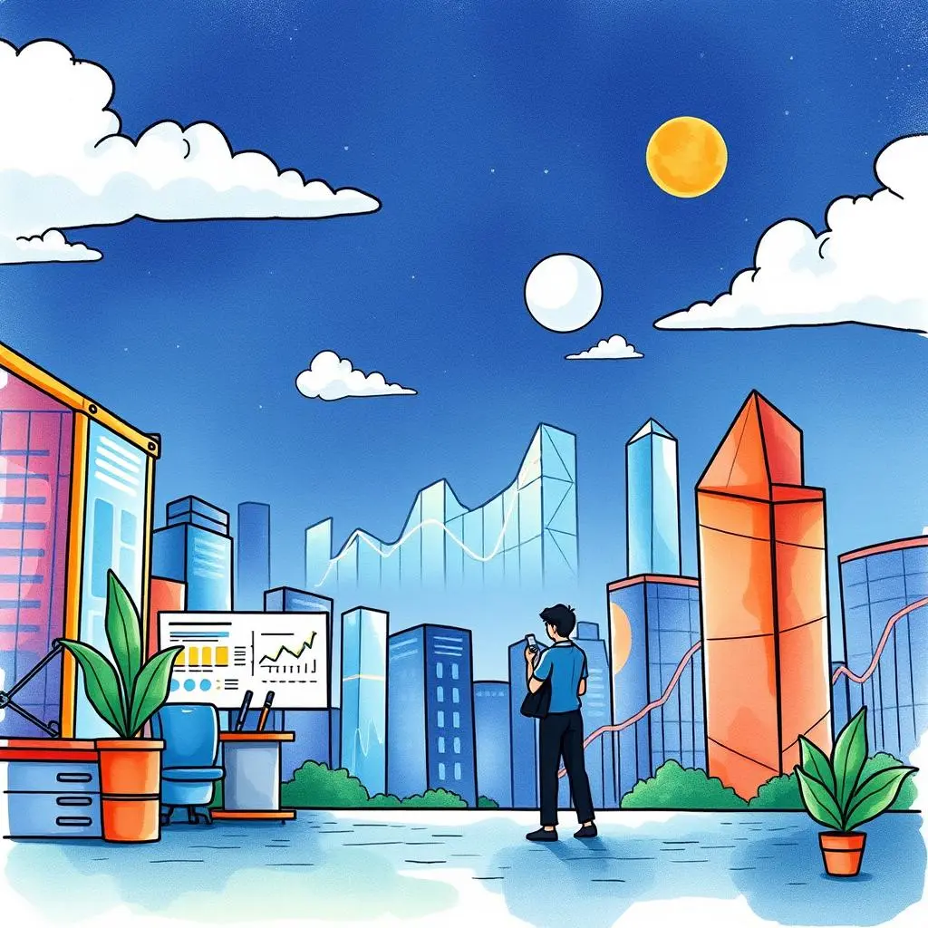 Sales data storyteller: Summarize sales data narratives visually 1 Sales data analyst observing a city skyline with charts, representing sales data storytelling.