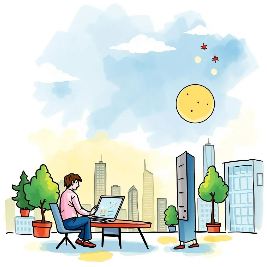 Forecast conclusion generator: Automatically generate conclusions from sales analysis 1 A person uses a laptop for sales analysis against a city backdrop with trees and buildings.