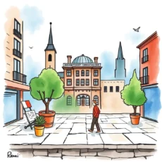 Illustration of a person walking in a quaint town square.