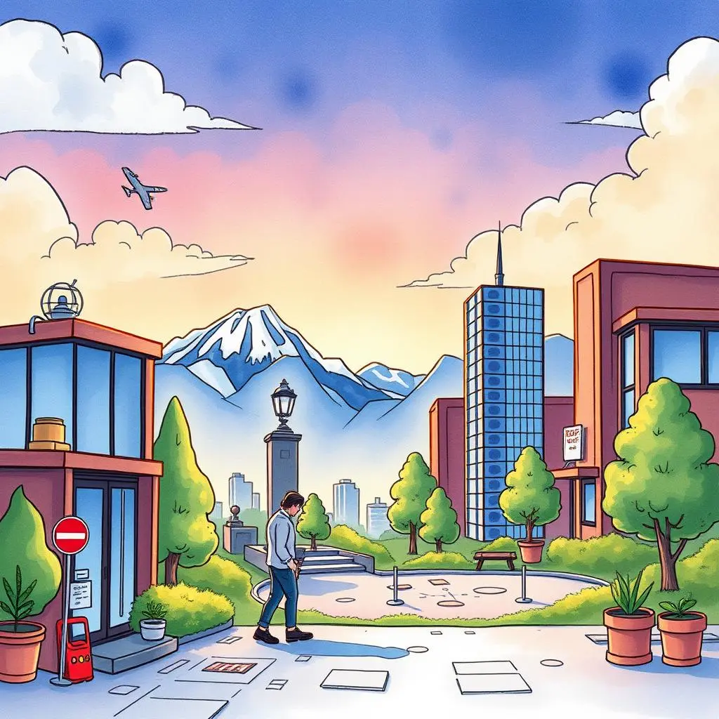 A person walking through a serene landscape with mountains and modern buildings during sunset.
