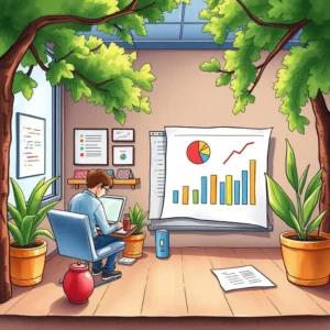 Creating a performance overview using sales data with charts and graphs in a modern office setting.