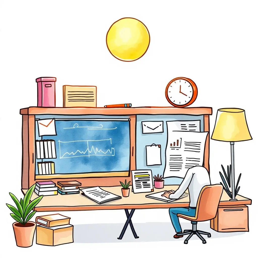 A creative workspace illustrating a person documenting sales processes with plants and charts around them.