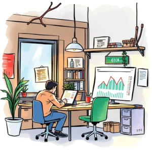 Person analyzing sales data on a computer in a modern office setting.