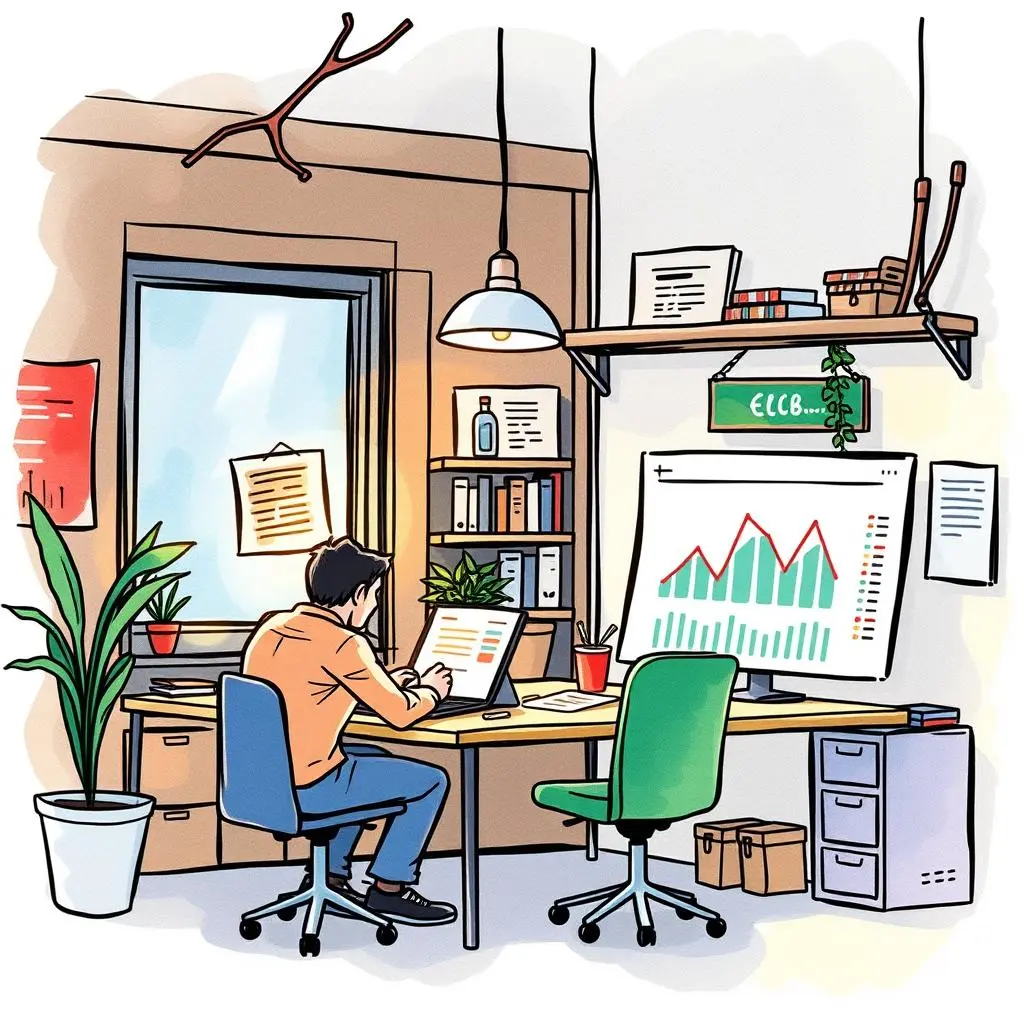 Report generator assistant: Automatically create detailed sales reports 1 Person analyzing sales data on a computer in a modern office setting.