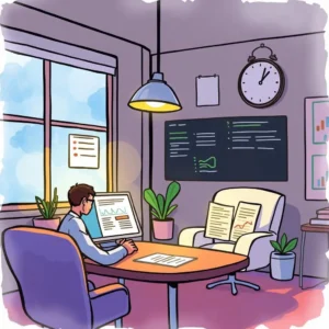 A professional in a modern office analyzing sales data on a computer screen.
