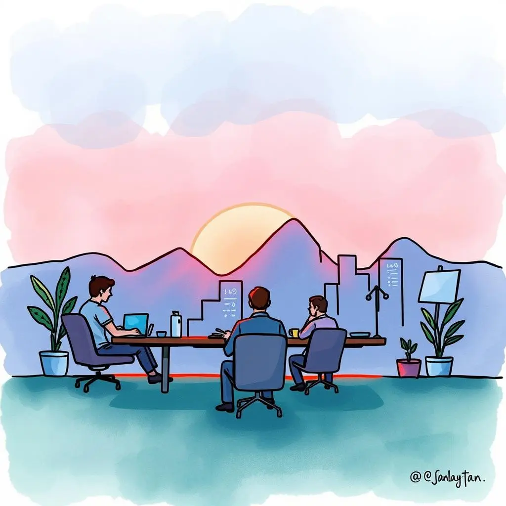 Continuous learning recap generator: Recap learning sessions for continuous improvement 1 Seated professionals engage in discussion with a sunset view, symbolizing learning and growth.