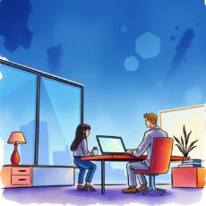 A professional setting featuring a man and woman engaged in a discussion at a desk.