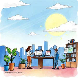 Professionals analyzing sales goals with a city skyline backdrop.