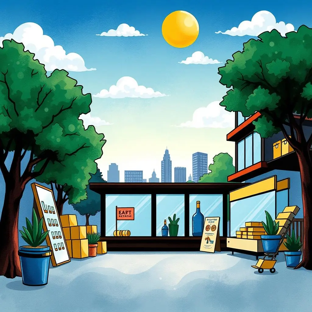 Performance benchmark designer: Develop benchmarks for sales performance evaluation 1 Vibrant illustration of a sales environment with outdoor elements.
