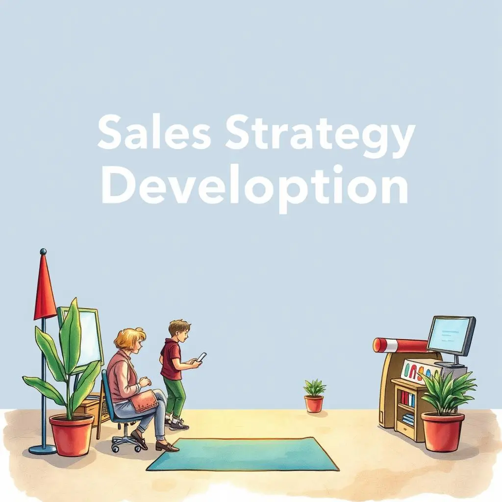 Sales Strategy Development illustration with a child and adult in a bright, engaging office setting