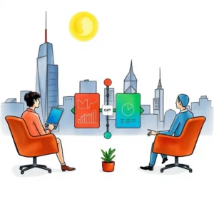 Sales Technology SWOT Analysis Tool illustrated with two professionals discussing strategies in a city backdrop