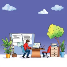 A person working on a computer in a colorful office surrounded by plants and documents.