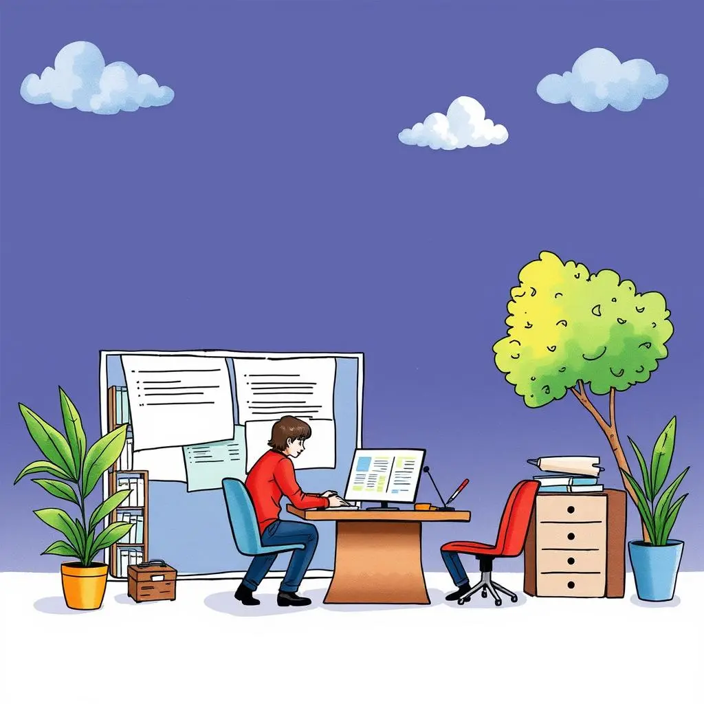 A person working on a computer in a colorful office surrounded by plants and documents.