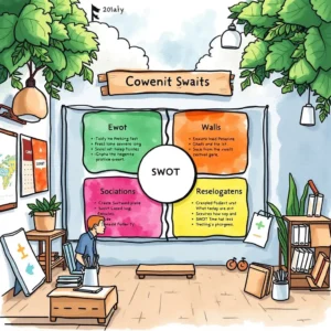 A colorful illustrated SWOT matrix in an office setting, depicting strengths, weaknesses, opportunities, and threats.