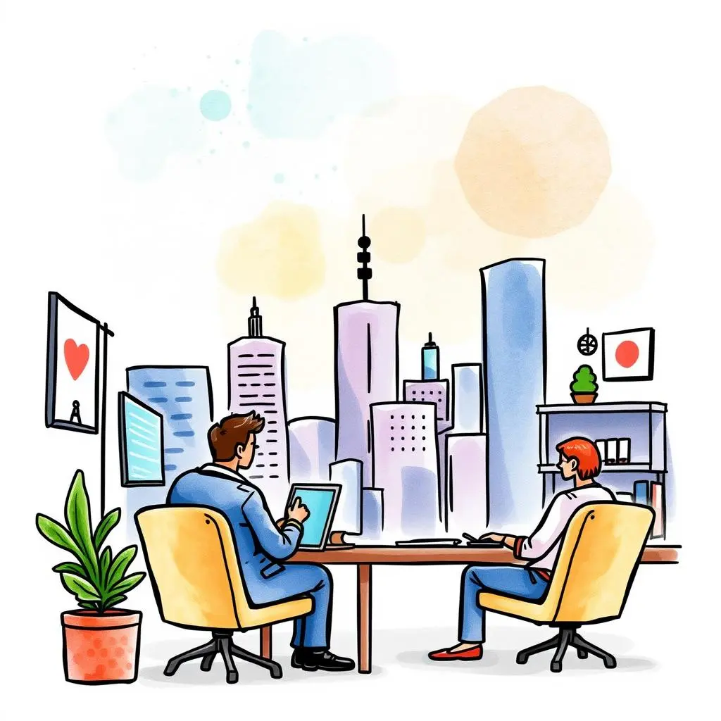 Value proposition tester: Validate market appeal of propositions 1 A professional conversation about value propositions with a city skyline backdrop.