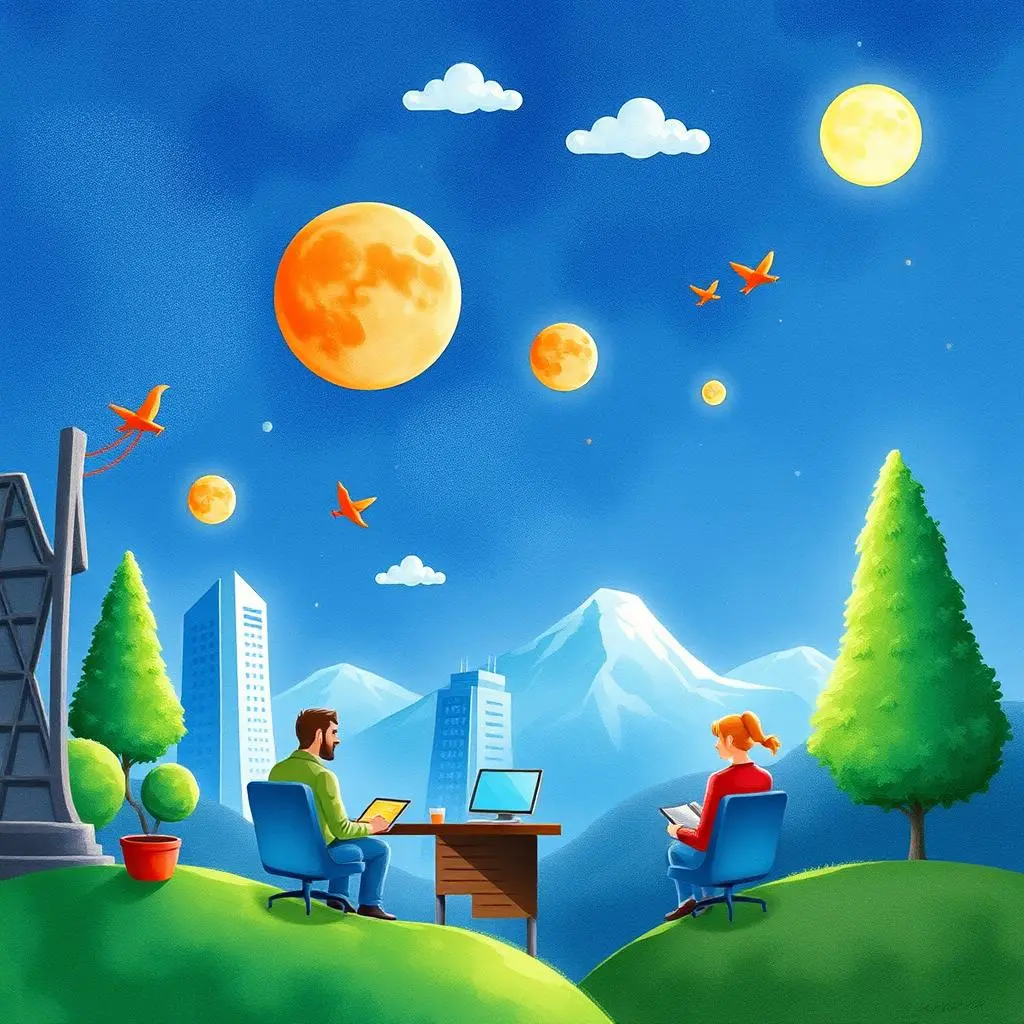Market trend analyzer: Generate insights on current market trends 1 Two professionals analyzing data outdoors with planets in the sky, symbolizing market trends and insights.