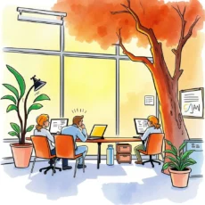 Performance Review Summarizer tool in an office environment with professionals discussing insights