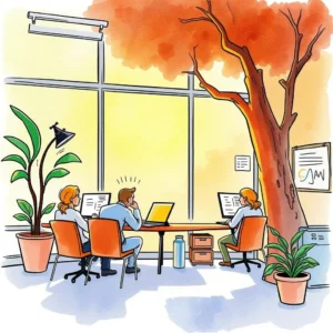 Performance Review Summarizer tool in an office environment with professionals discussing insights