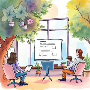 A team discusses sales training materials enhanced by feedback in a bright, green office setting.