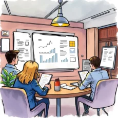 Team analyzing visual data feedback during sales training session.