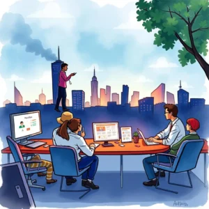 Performance Insights Creator tool showcased with a city skyline backdrop and a team engaged in analysis.