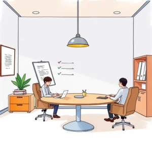 A professional meeting room setting with two individuals discussing agenda items.