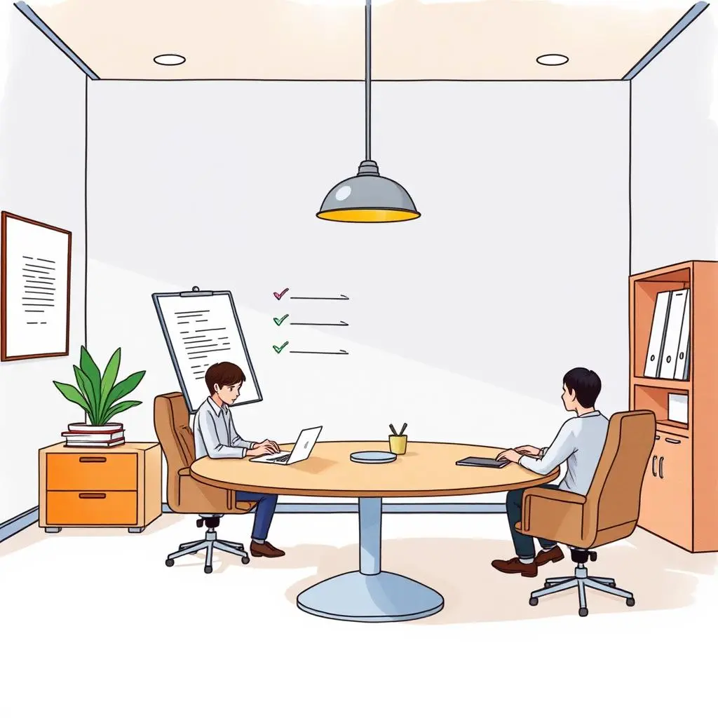 Agenda documenter: Create a list of necessary documents for meetings 1 A professional meeting room setting with two individuals discussing agenda items.