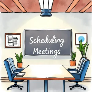 A modern conference room with a focus on scheduling meetings and document organization.