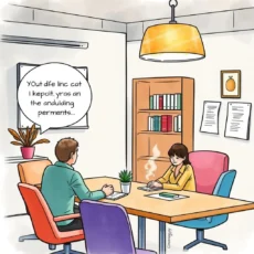 A meeting room scene with professionals discussing appointment materials.