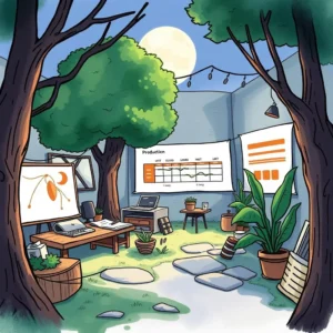 Cozy outdoor workspace illustrating a production timeline generation tool.