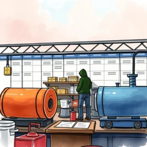 A production scheduler reviewing supplies in a warehouse setting with various equipment nearby