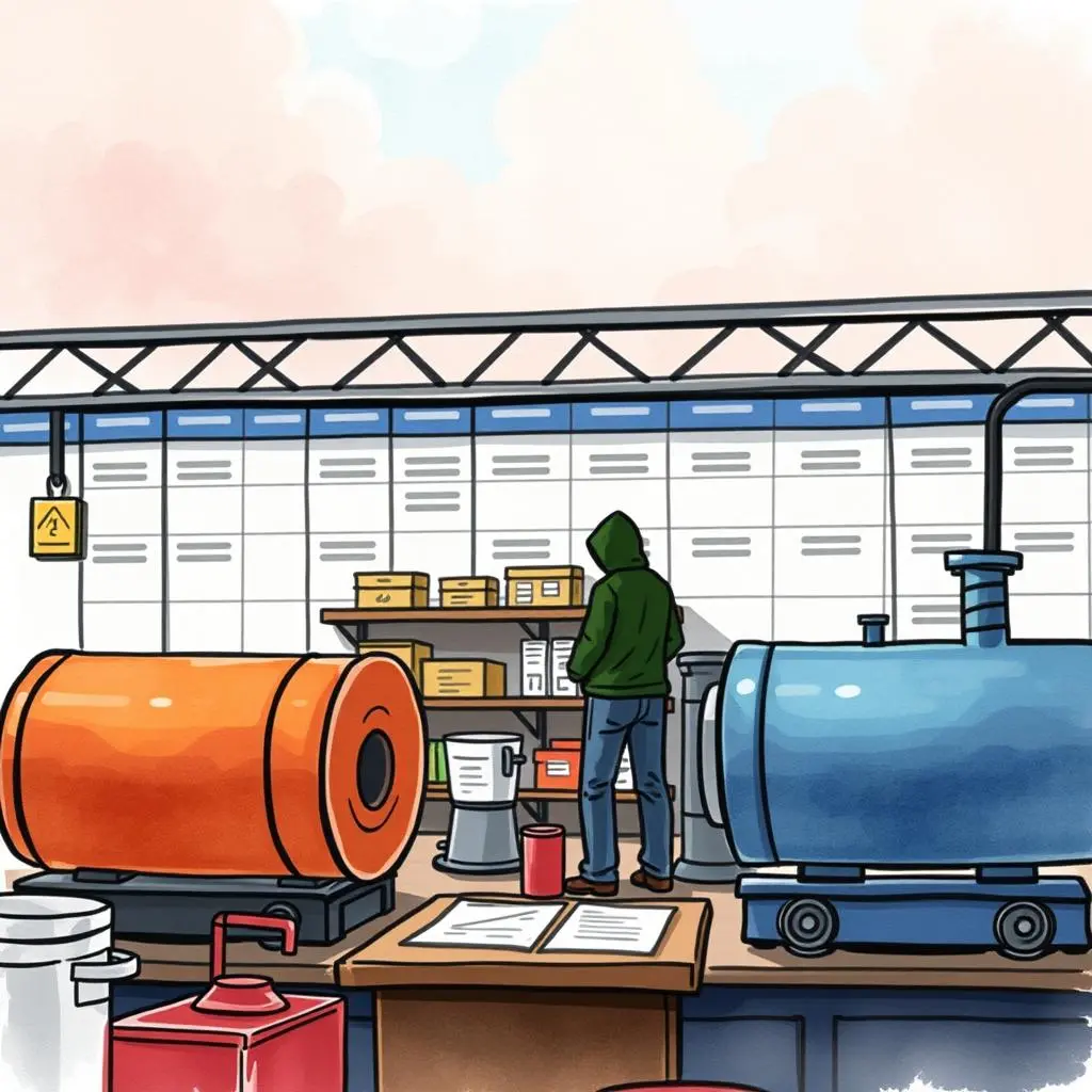 Progress reporting assistant: Generate comprehensive reports on production flow 1 A production scheduler reviewing supplies in a warehouse setting with various equipment nearby
