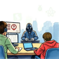 Illustration of analysts discussing cybersecurity training with a hacker.