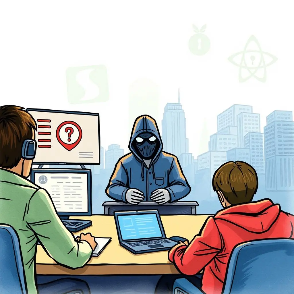 Illustration of analysts discussing cybersecurity training with a hacker.