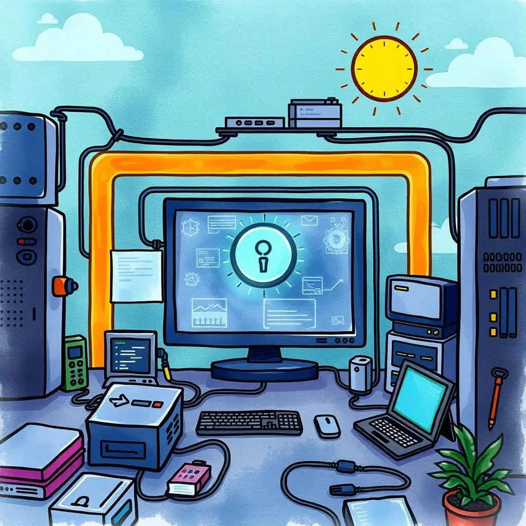 Exposure analyzer: Review and summarize system exposure to threats 1 A secure IT workspace depicting a computer setup for the Exposure Analyzer tool related to cybersecurity.