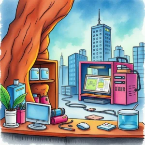 Illustration of an it workspace with risk management tools and cityscape.
