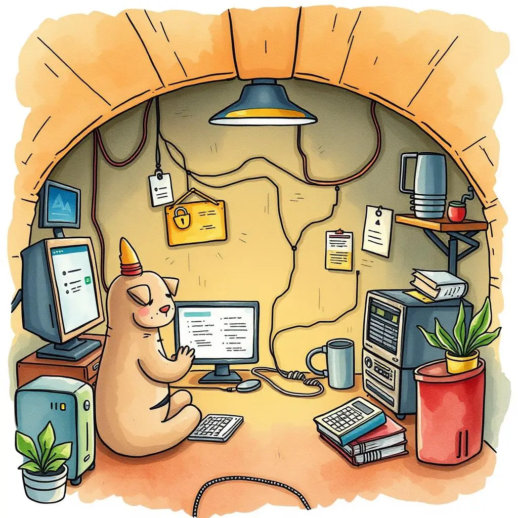 Patch reminder generator: Automatically create reminders for patch updates 1 Cartoon illustration of a cozy it workspace with a focused character.